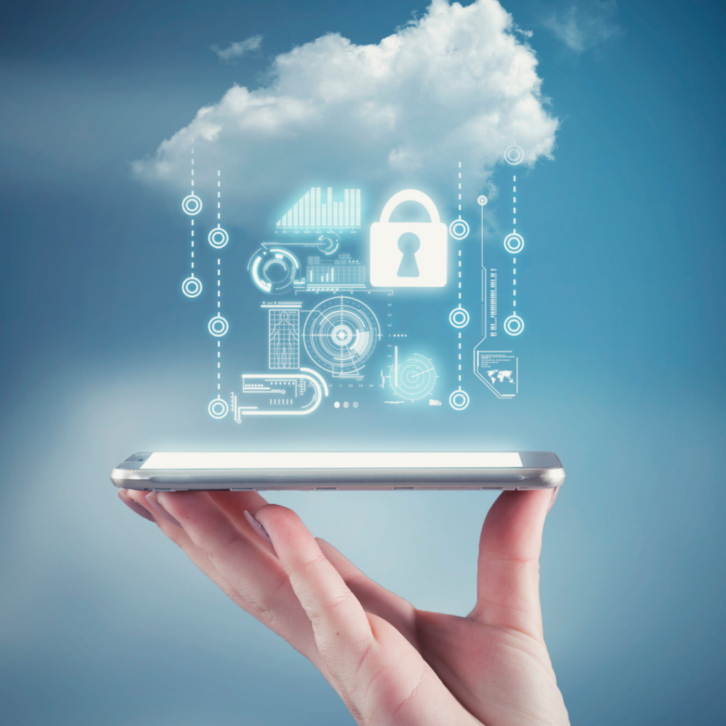 image of the sky as blue background with white clouds. A hand is holding a cell phone horizontal to cloud and images of padlocks suggest cloud storage safety