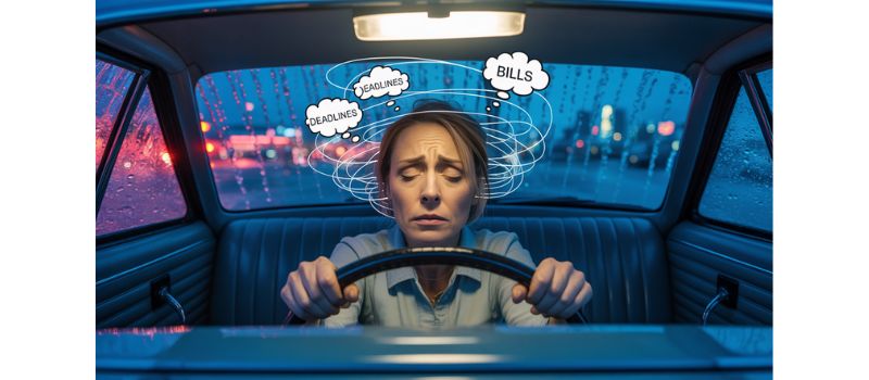 a stressed out lady in her car with busy thought loops around her head. This is mental clutter